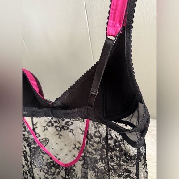 Sexy Sheer Black Lace & Hot Pink Lingerie Babydoll 36C New Without Tags - Picture 11 of 17